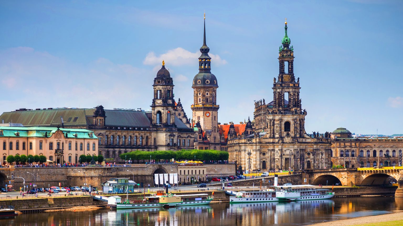 Scenic summer view of the Old Town architecture with Elbe river embankment in Dresden, Saxony, Germany